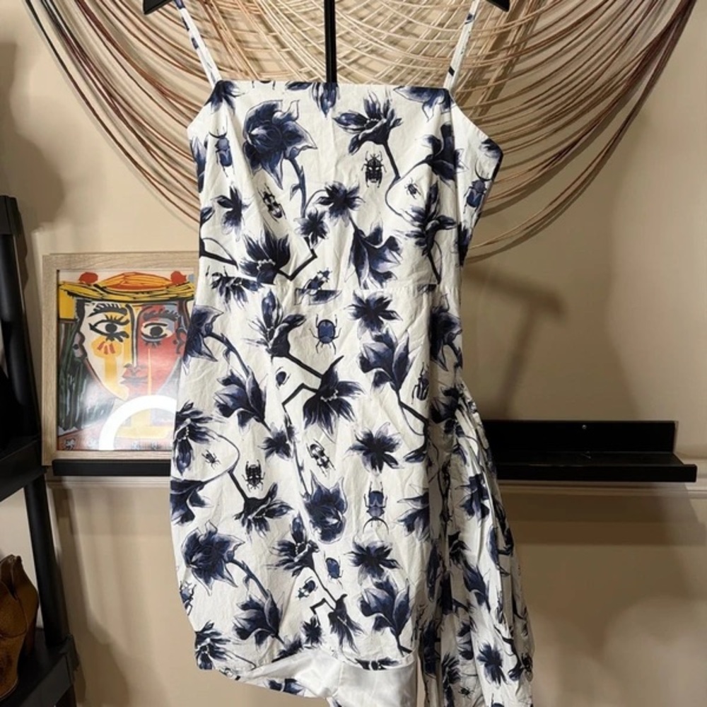 White Floral Spaghetti-Strap Mini Dress in Navy